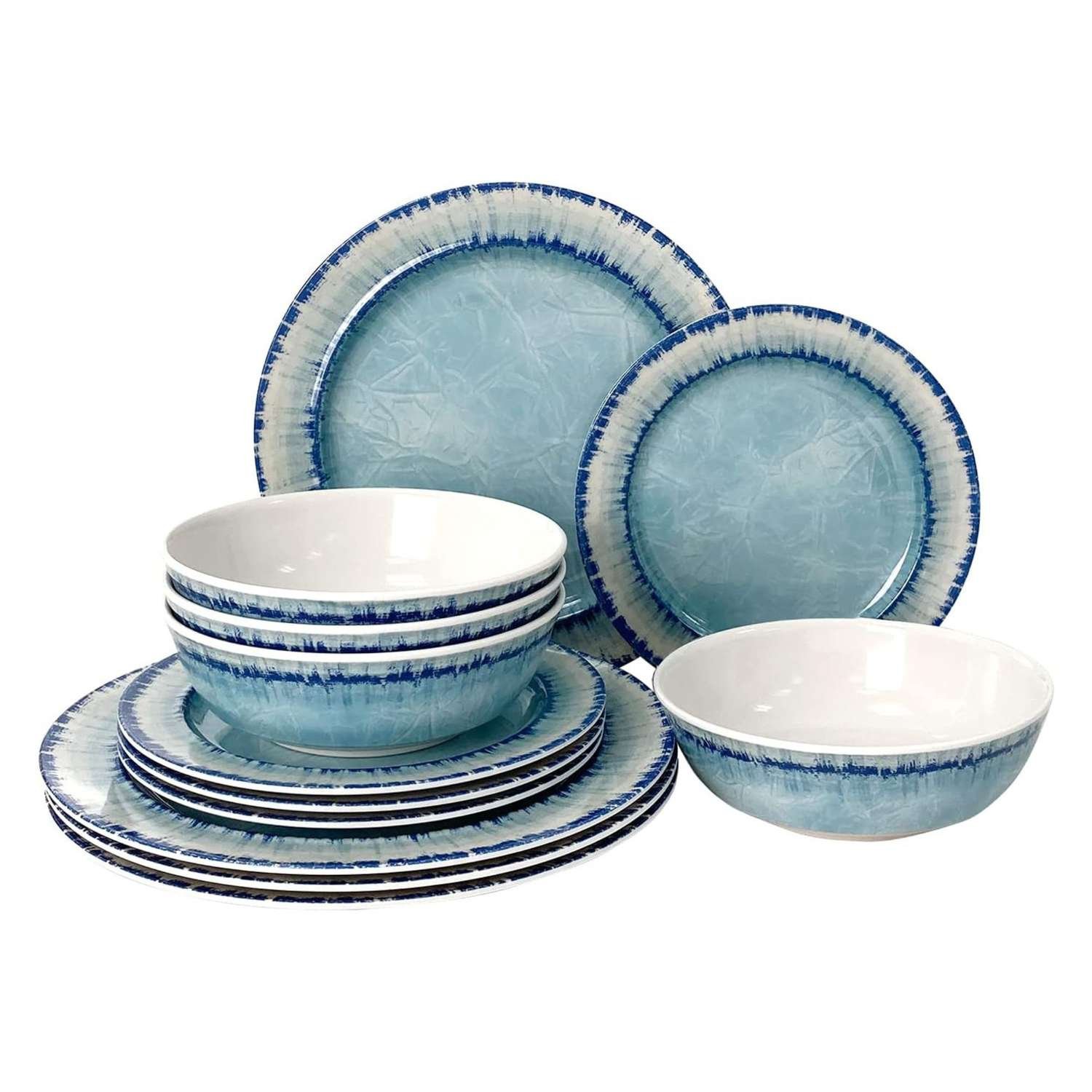 A set of blue coastal look melamine plates and bowls