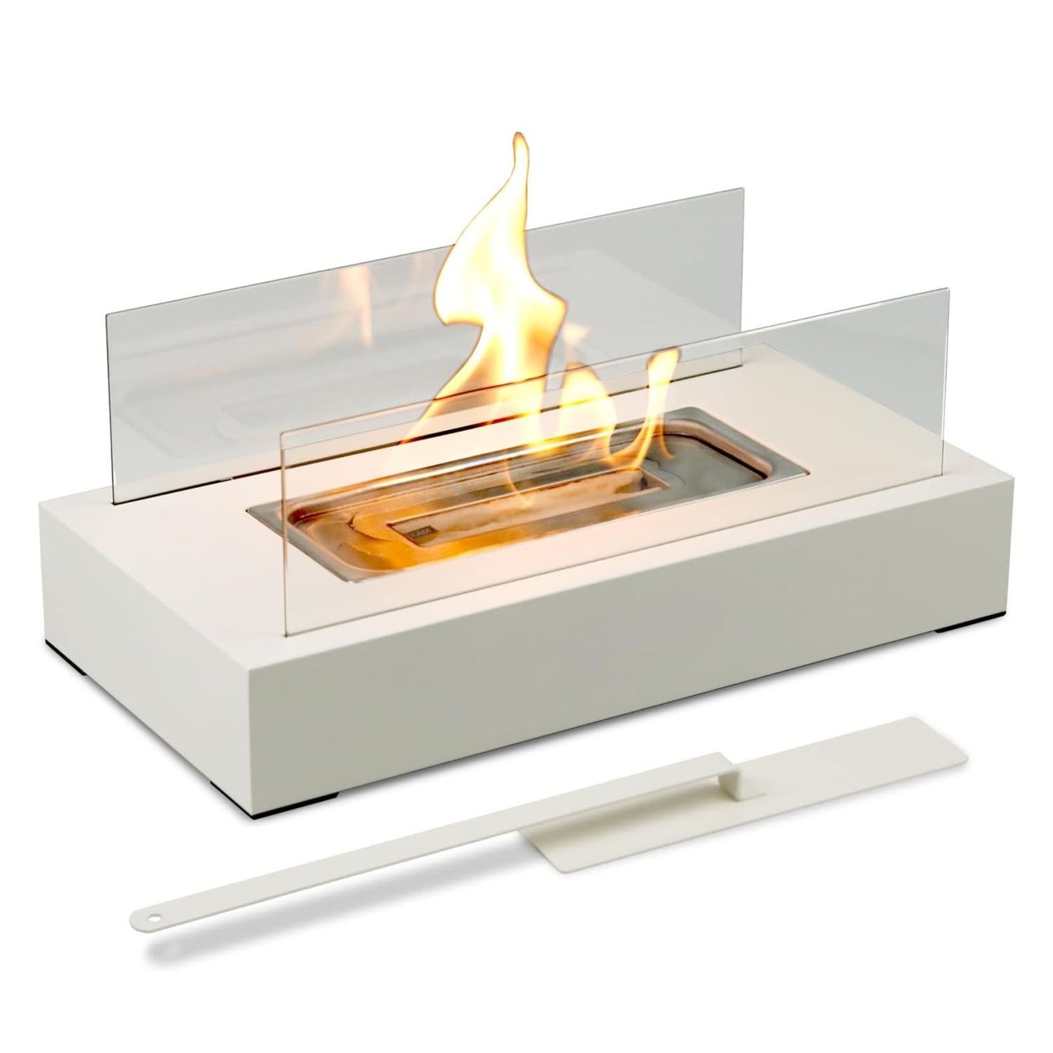 A white rectangular tabletop fire pit