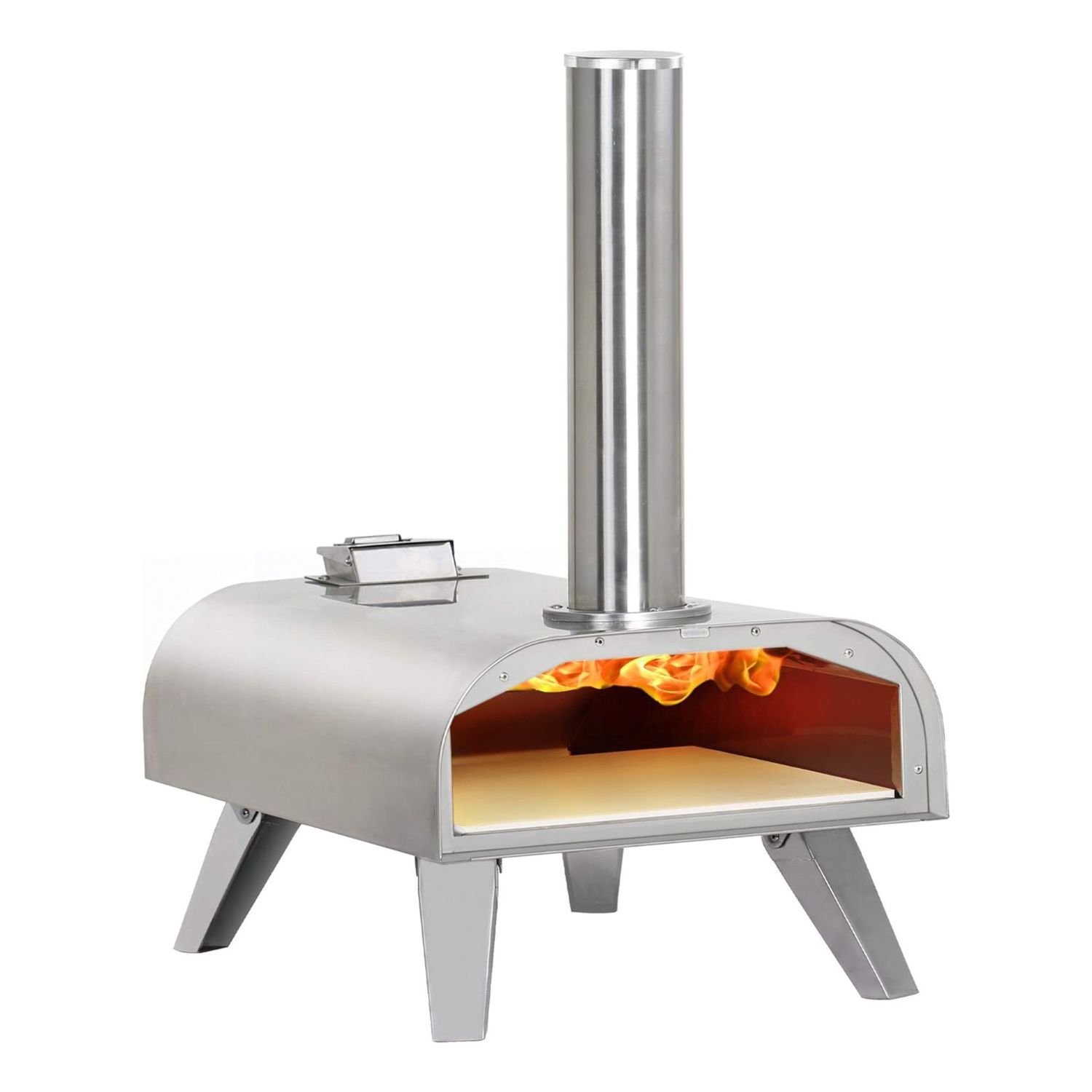 A silver outdoor pizza oven