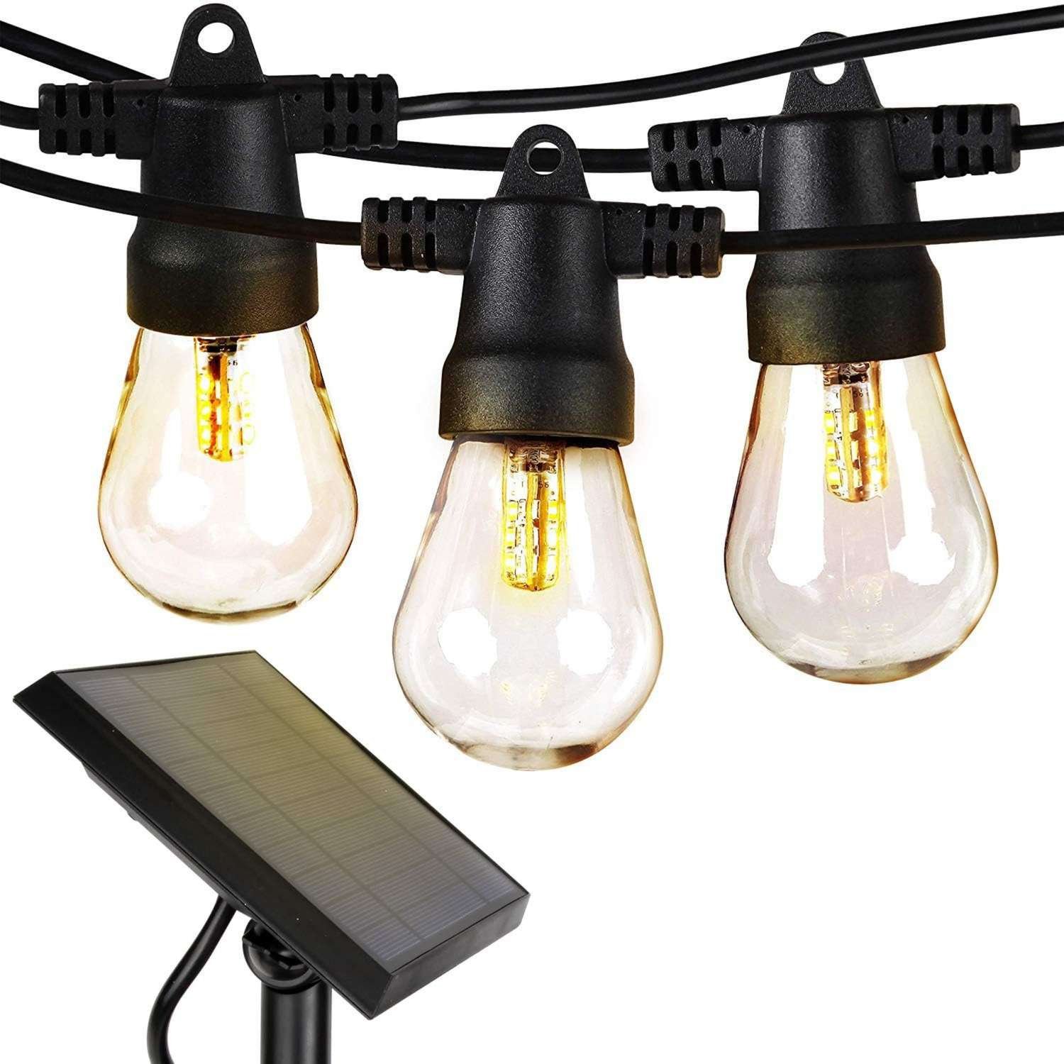 A set of outdoor string lights with a solar panel