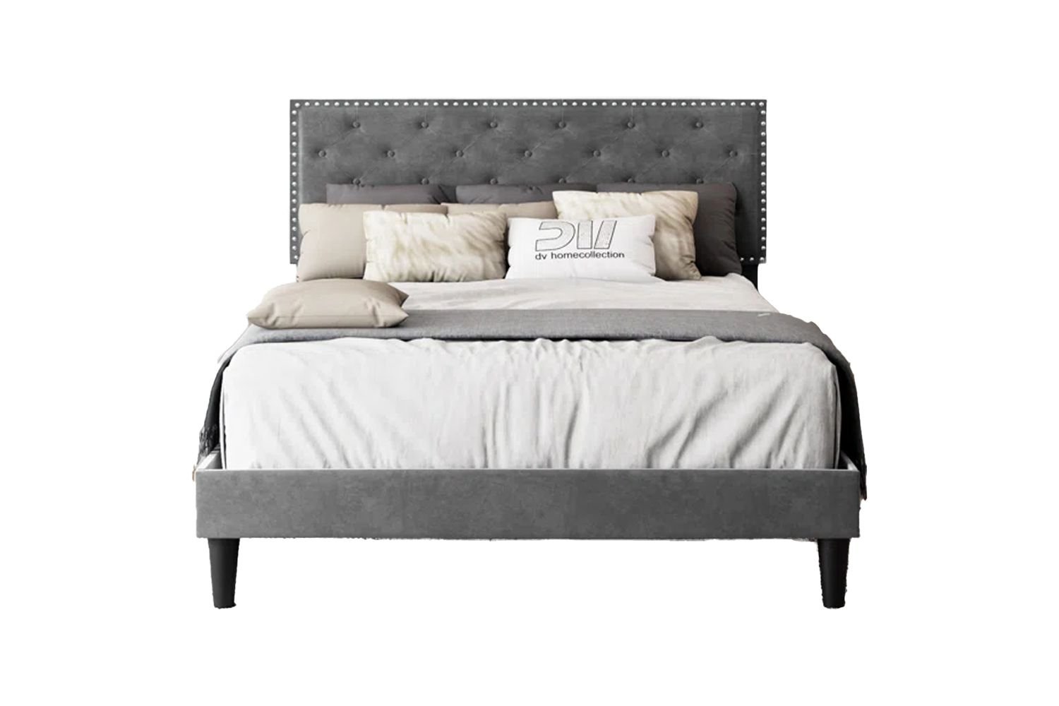 Lark Manor Gray Aleiny Velvet Bed with Adjustable Upholstered Headboard