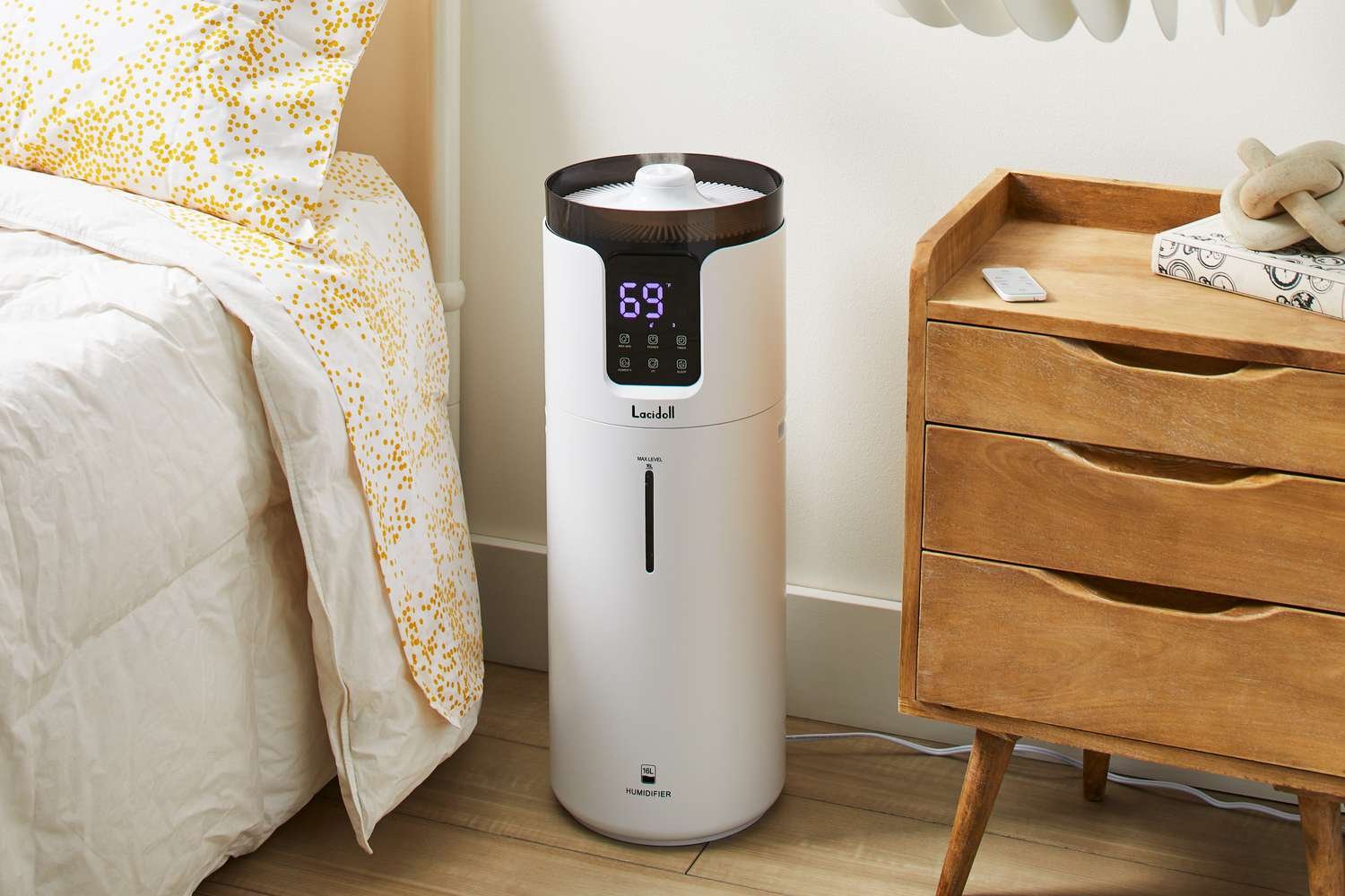 Lacidoll 4.2 Gal. Cool Mist Ultrasonic Whole House Humidifier displayed next to a nightstand and bed