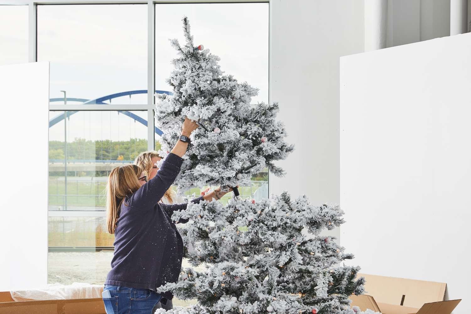 People setting up the Vickerman 7.5-ft. Flocked Alaskan Pine Artificial Christmas Tree