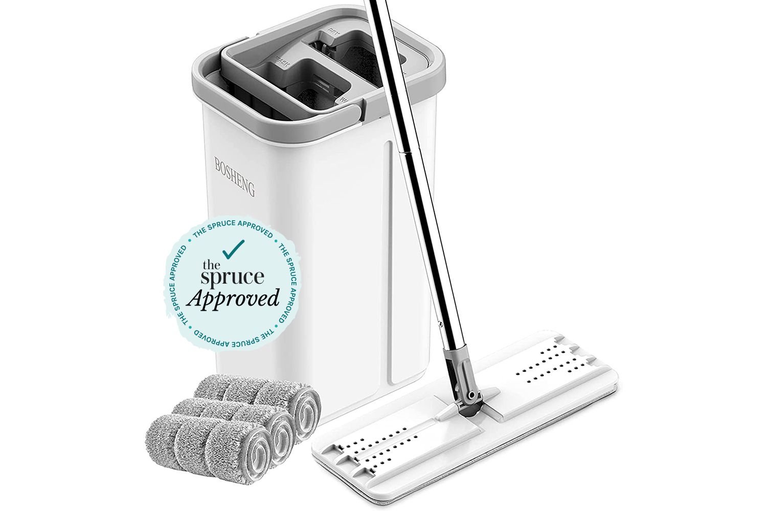 The BOSHENG Mop and Bucket with Wringer Set includes three washable, microfiber pads.