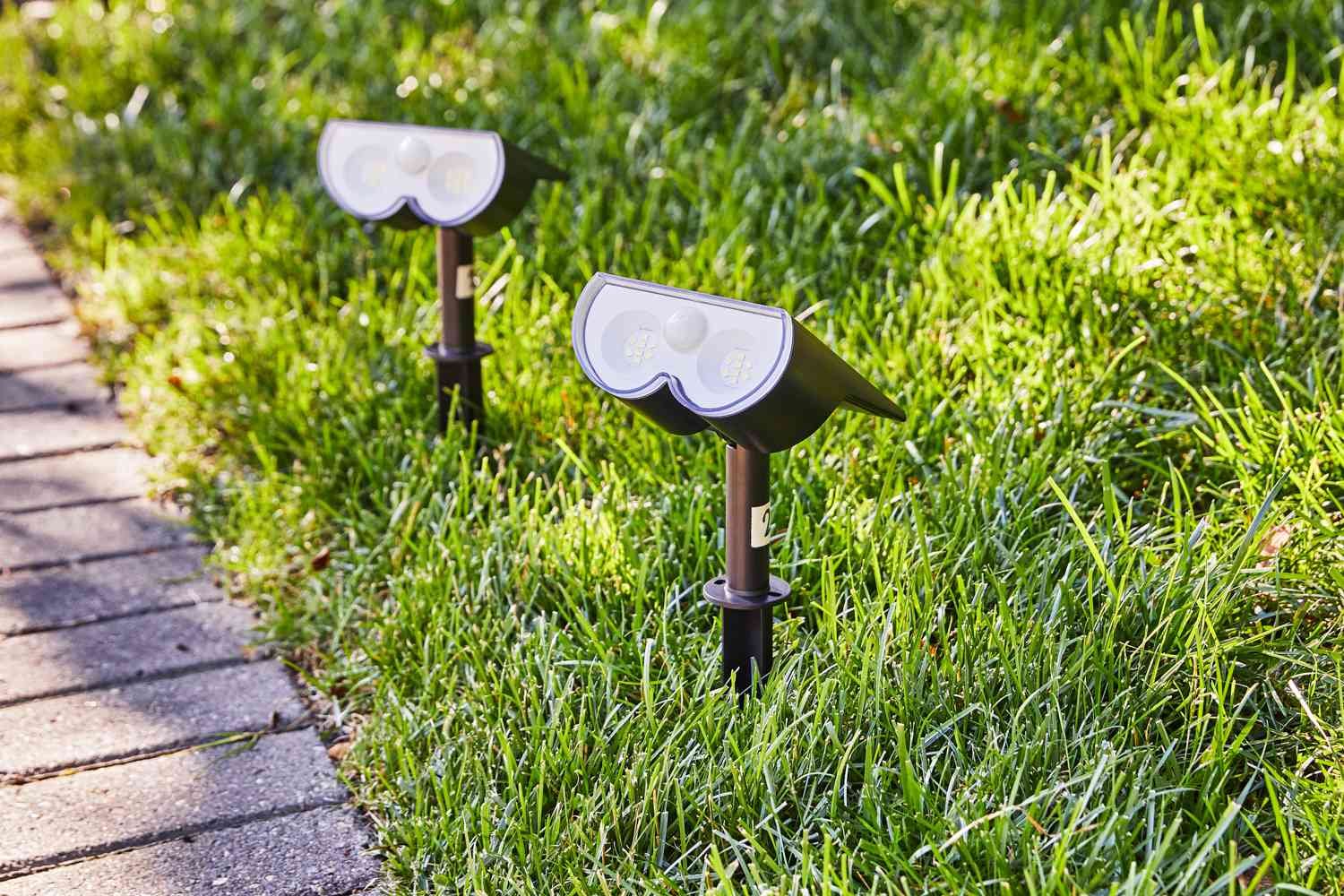 Linkind StarRay Solar Spotlights displayed outside on the grass