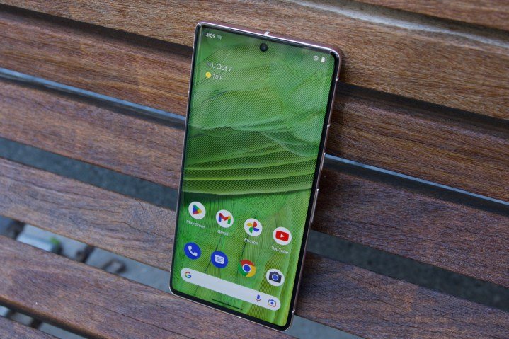 Google Pixel 7 Pro standing up on a bench.