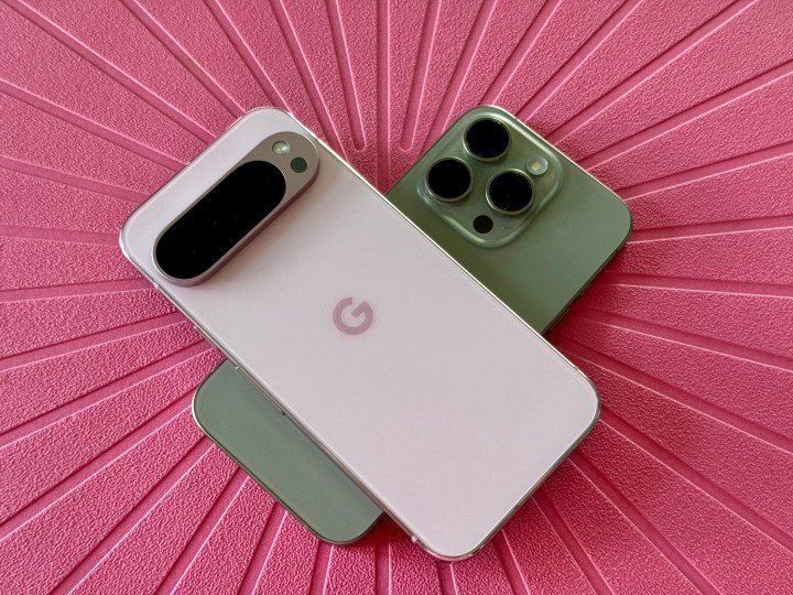 Pink Pixel 9 Pro on top of a Natural Titanium iPhone 15 Pro.