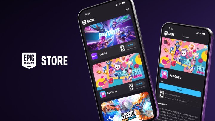 Two phones that show the Epic Games Store, with Fortnite, Fall Guys, and Rocket League available for download.