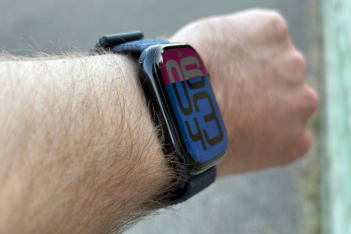 The Apple Watch Series 10, viewed at an angle from someone's wrist.