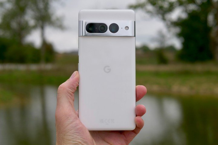 A person holding the Google Pixel 7 Pro, showing the back of the phone.