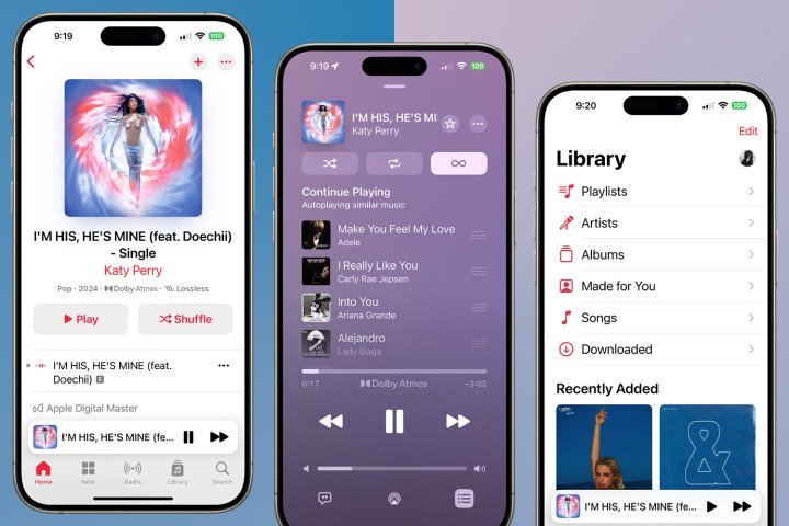 Screenshots showing Apple Music on an iPhone 15 Pro Max.