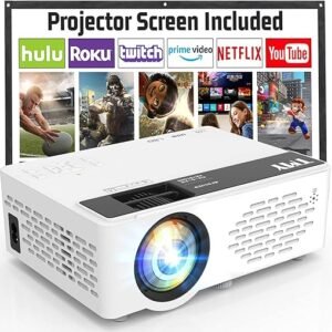 TMY Mini Projector, Upgraded Bluetooth Projector with Screen, 1080P Full HD Portable Projector, Movie Projector Compatible with TV Stick Smartphone/HDMI/USB, indoor & outdoor use