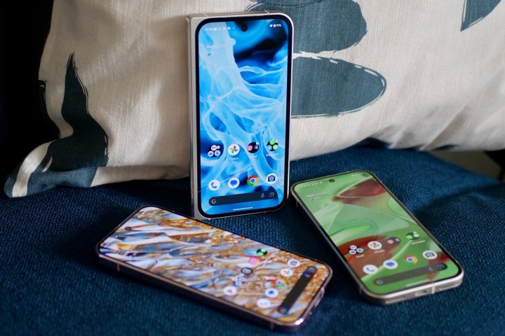 The Google Pixel 9 Pro Fold, Pixel 9 Pro, and Pixel 9 screens.