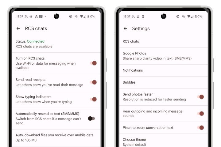 Two Pixel 6 phones showing RCS chat settings in Google Messages app.