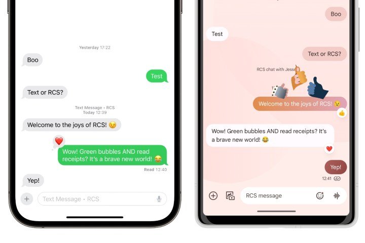 An iPhone and Pixel showing an RCS message exchange.