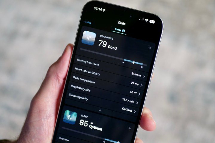 The Oura Ring app on an iPhone 16 Pro Max showing the Vitals page.