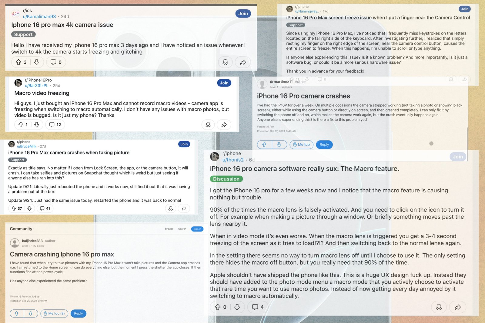 Users reports detailing issues with iPhone 16 Pro performance.