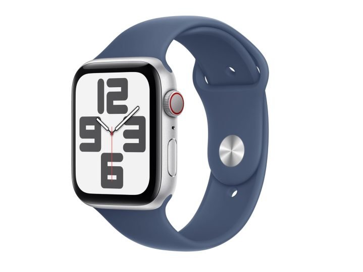 The Apple Watch SE 2 with an aluminum case and denim sport band.