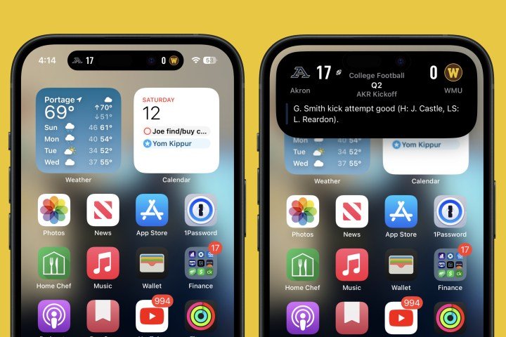 Apple Sports scores in an iPhone's Dynamic Island.