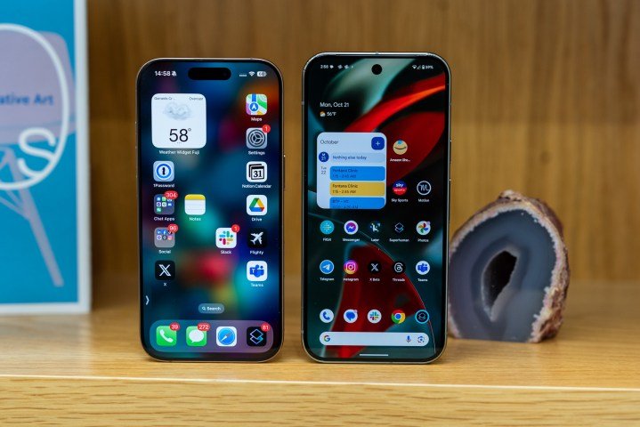 The iPhone 16 Pro screen next to the Pixel 9 Pro