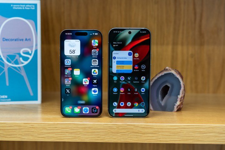 The iPhone 16 Pro screen next to the Pixel 9 Pro