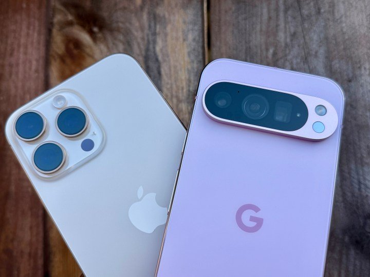Apple iPhone 16 Pro Max in Desert Titanium (left) and a Rose Quartz Google Pixel 9 Pro.