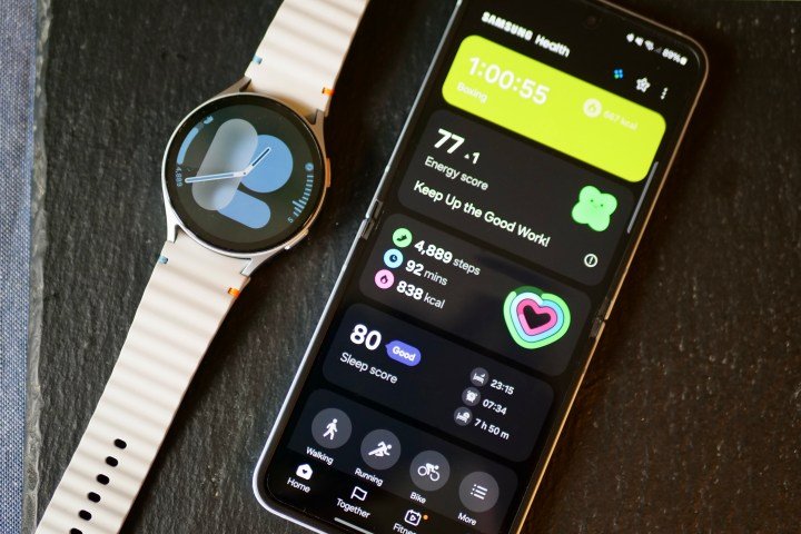 The Samsung Health app next to the Samsung Galaxy Watch 7.