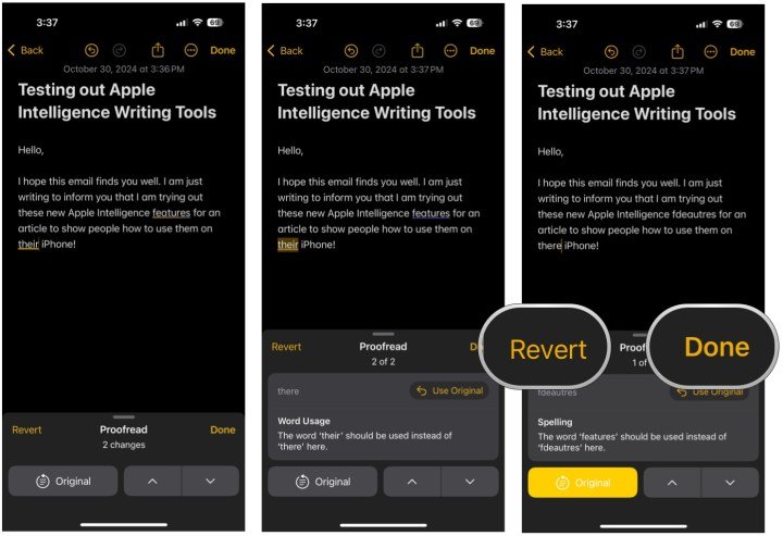 View changes, view explanations, view original, select Revert to change back or Done to save.