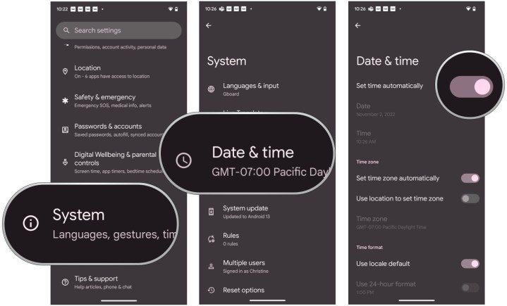 Open Settings, tap System, tap Date & Time, tap toggle for Set Automatically