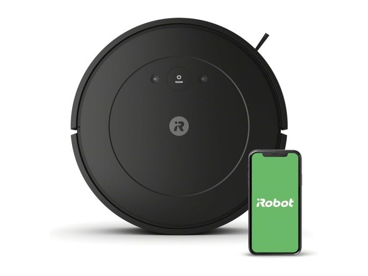 The iRobot Roomba Essential alongside a smartphone against a white background.