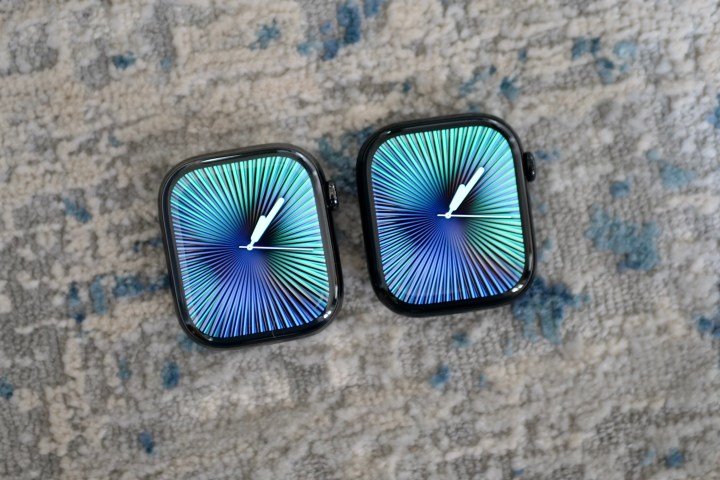 The screens on the titanium and aluminum Apple Watch Series 10 cases.
