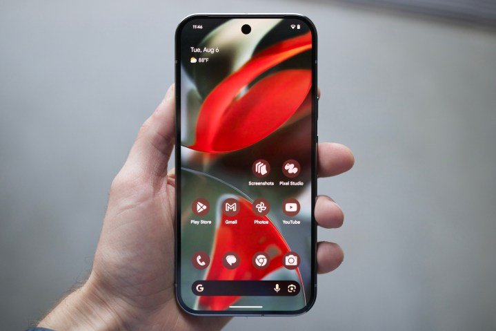 The Google Pixel 9 Pro with its display on.