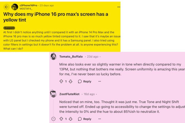 Screen tint issue reported on iPhone 16 Pro.