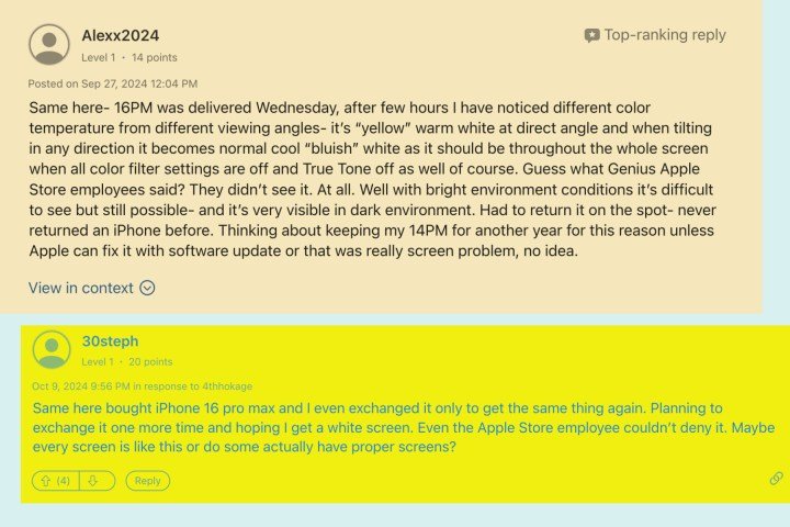 User reports detailing screen tint issue on the iPhone 16 Pro.