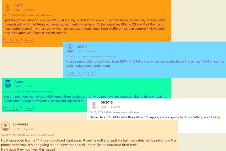 iPhone 16 Pro users report screen tint problems.