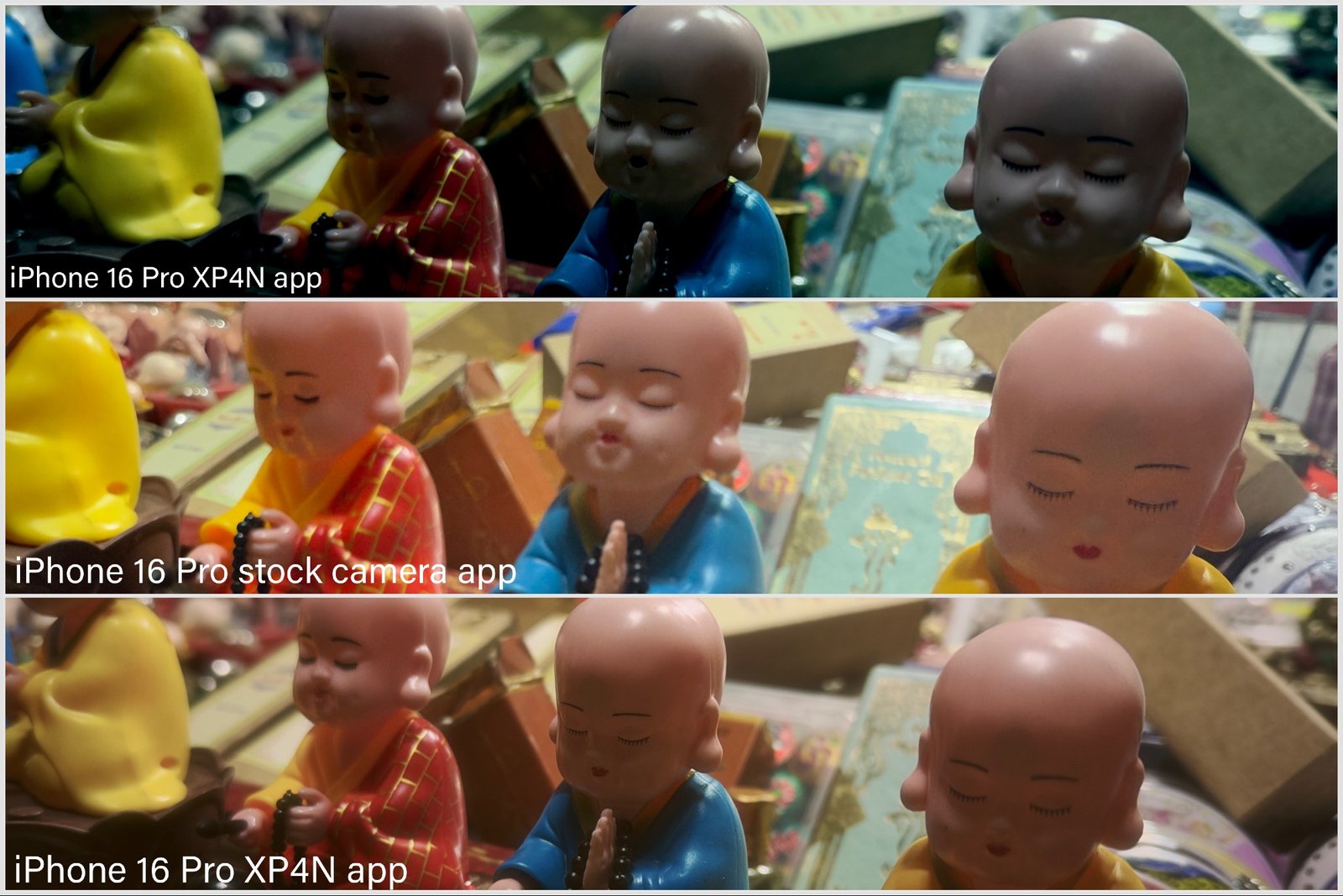 Side by side comparison of photos from XP4N App and iPhone stock camera app.