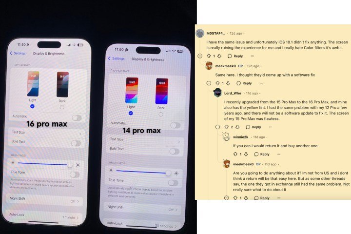 Reports and image sample for iPhone 16 Pro yellow tint issue.