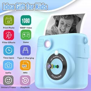 Kids Camera Instant Print, Christmas Birthday Gifts for Kids Age 3-12, Selfie Digital Camera with 1080P Videos,Toddler Portable Travel Camera Toy for 4 5 6 7 8 9 Year Old Boys
