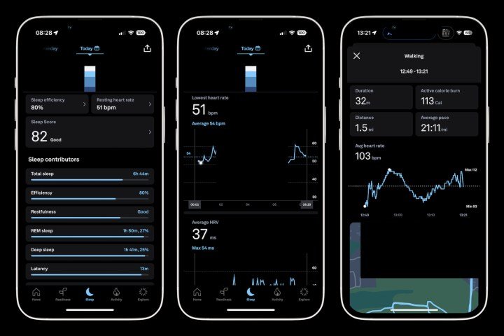 Screenshots from the Oura Ring app.