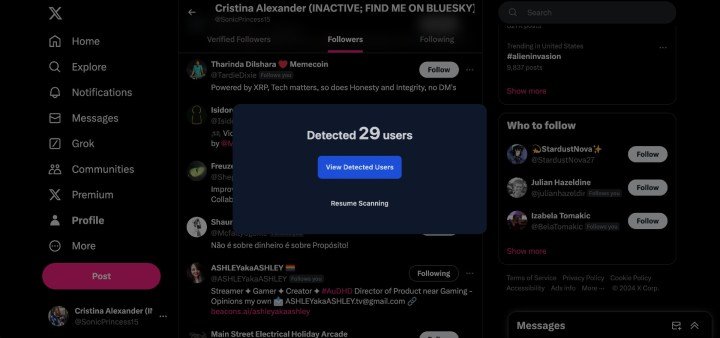 Sky Follower Bridge detecting Twitter users on Bluesky.