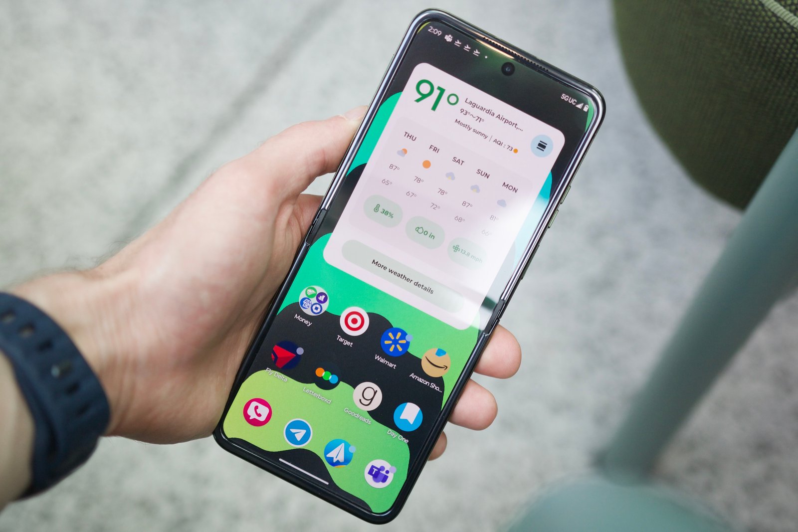 A home screen on the inner display of the Motorola Razr Plus 2024.