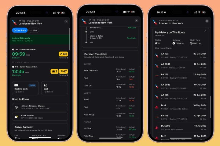 A route map and information on the Flighty app