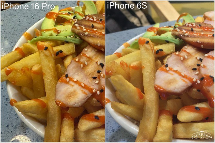 Comparison of pictures taken by iPhone.16 Pro and iPhone 6S depicting the closeup of fries and chicken.