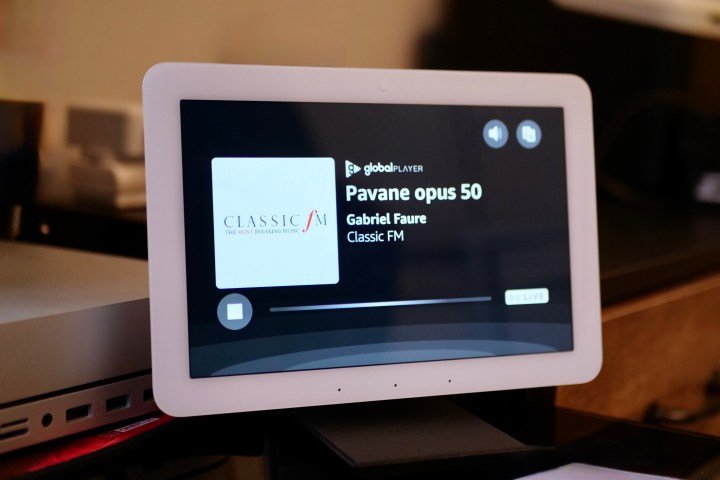 The Amazon Echo Hub playing a radio station.