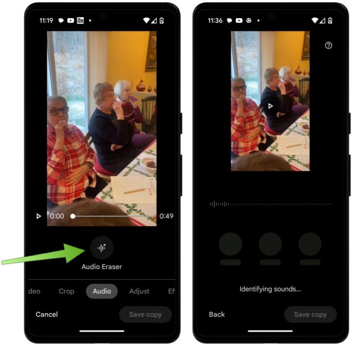 Screenshots showing how to use Audio Magic Eraser on Google devices.