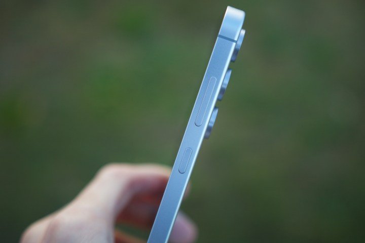 A side view of the Samsung Galaxy S24 FE, showing the power and volume buttons.