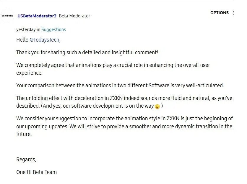 A screen capture of a Samsung dev's comments on the One UI 7 beta animations.