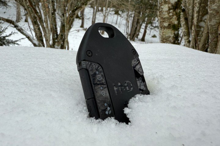 The HMD OffGrid sitting upright in a pile of snow.