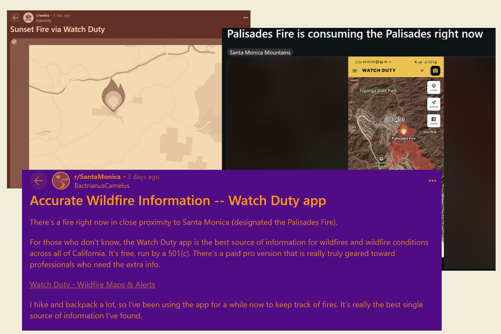 User posts about the Watch Duty app on Reddit.