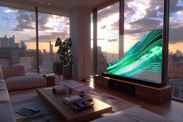 A promotional image showing a transparent television built using Smartkem's manufacturing process.